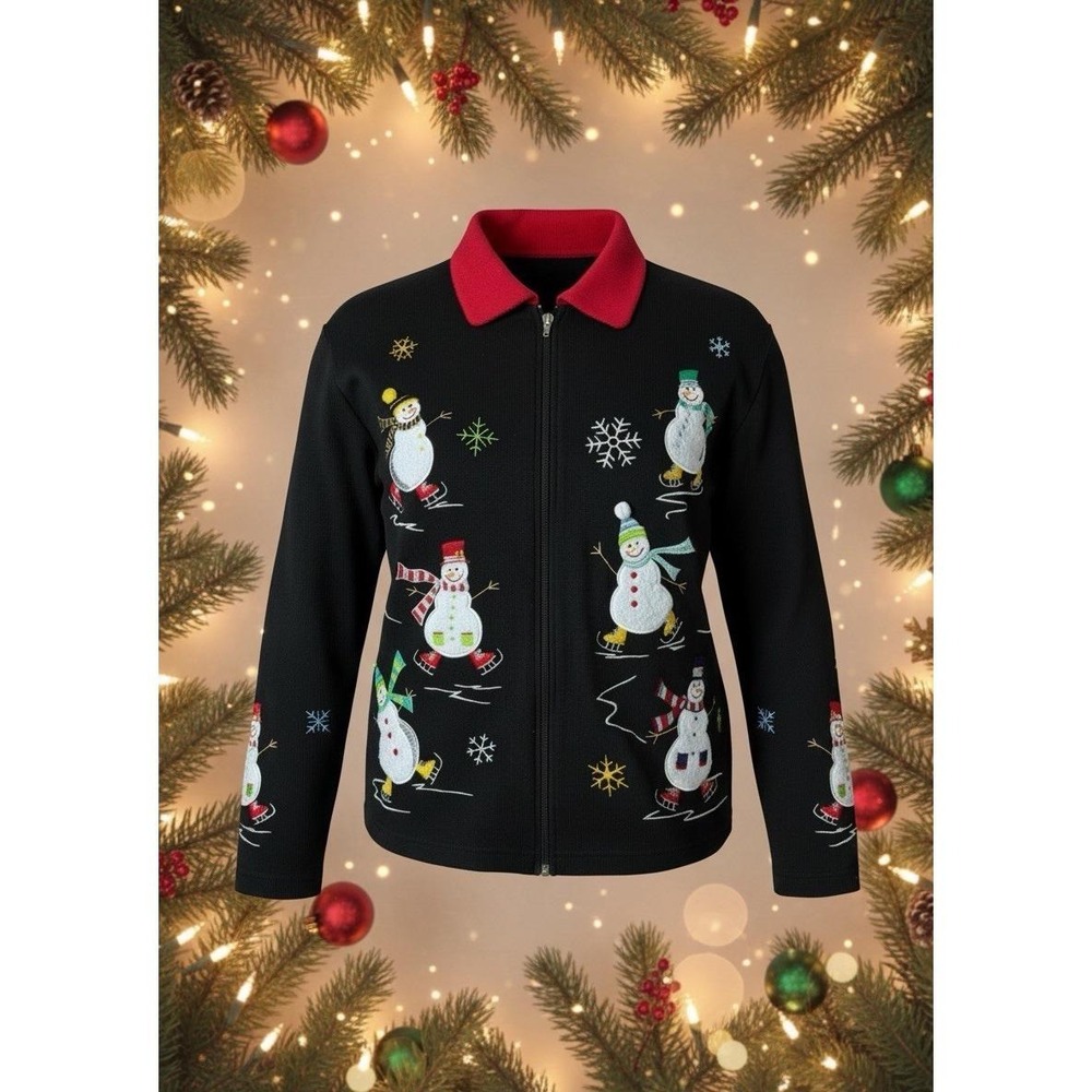 Onque Winter Christmas Snowman Skating Black Full Zip Cardigan Sweater Womens LG